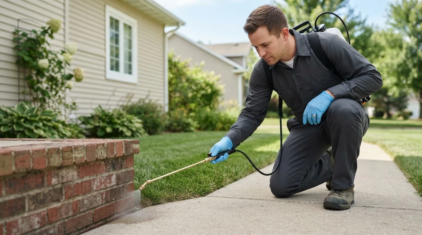 Pest control technician treating a home near Lynn Center, IL