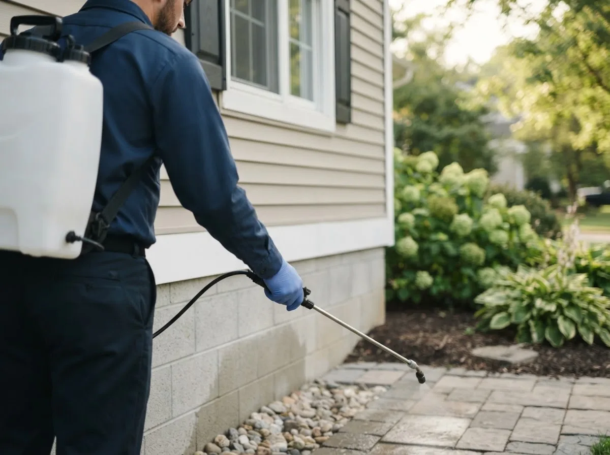 Pest control technician inspecting a home in Lynn Center, IL
